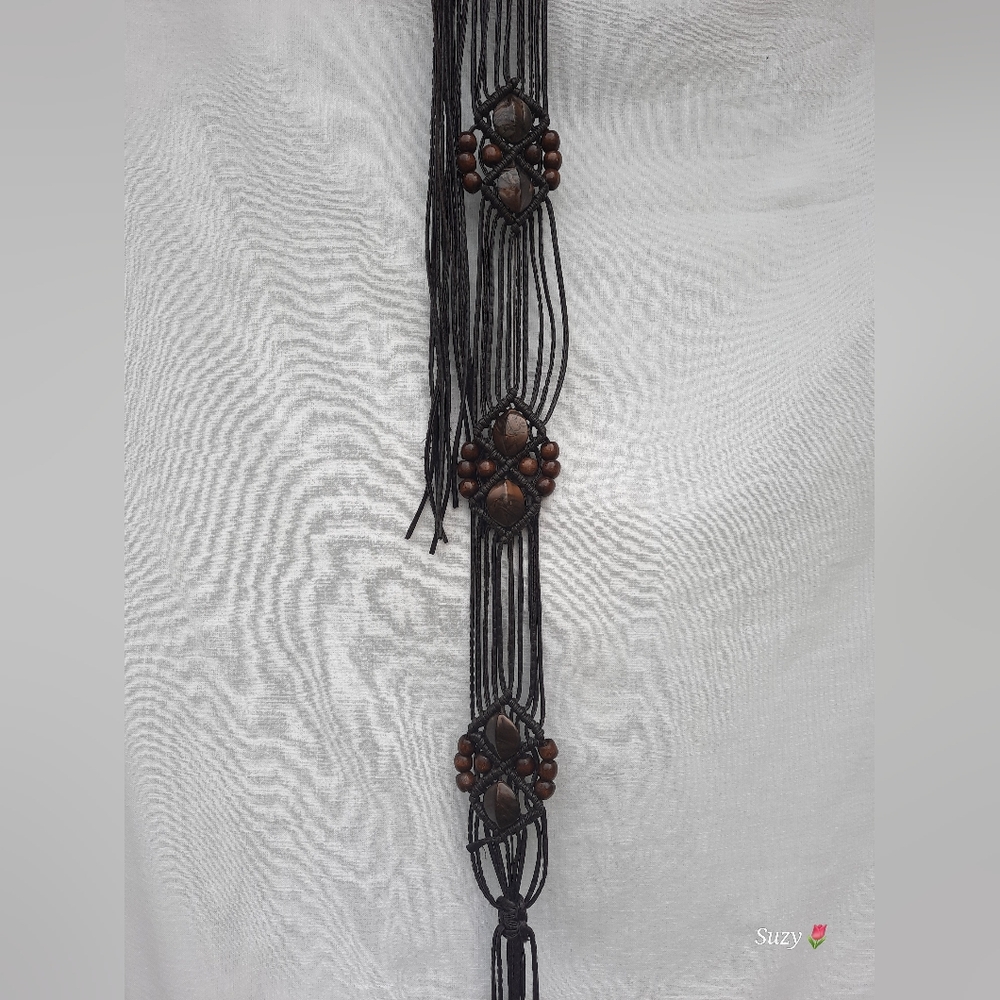 Beaded Macramé Belt, Brown Leather-Look Lace, Tie Up, Long Fringes